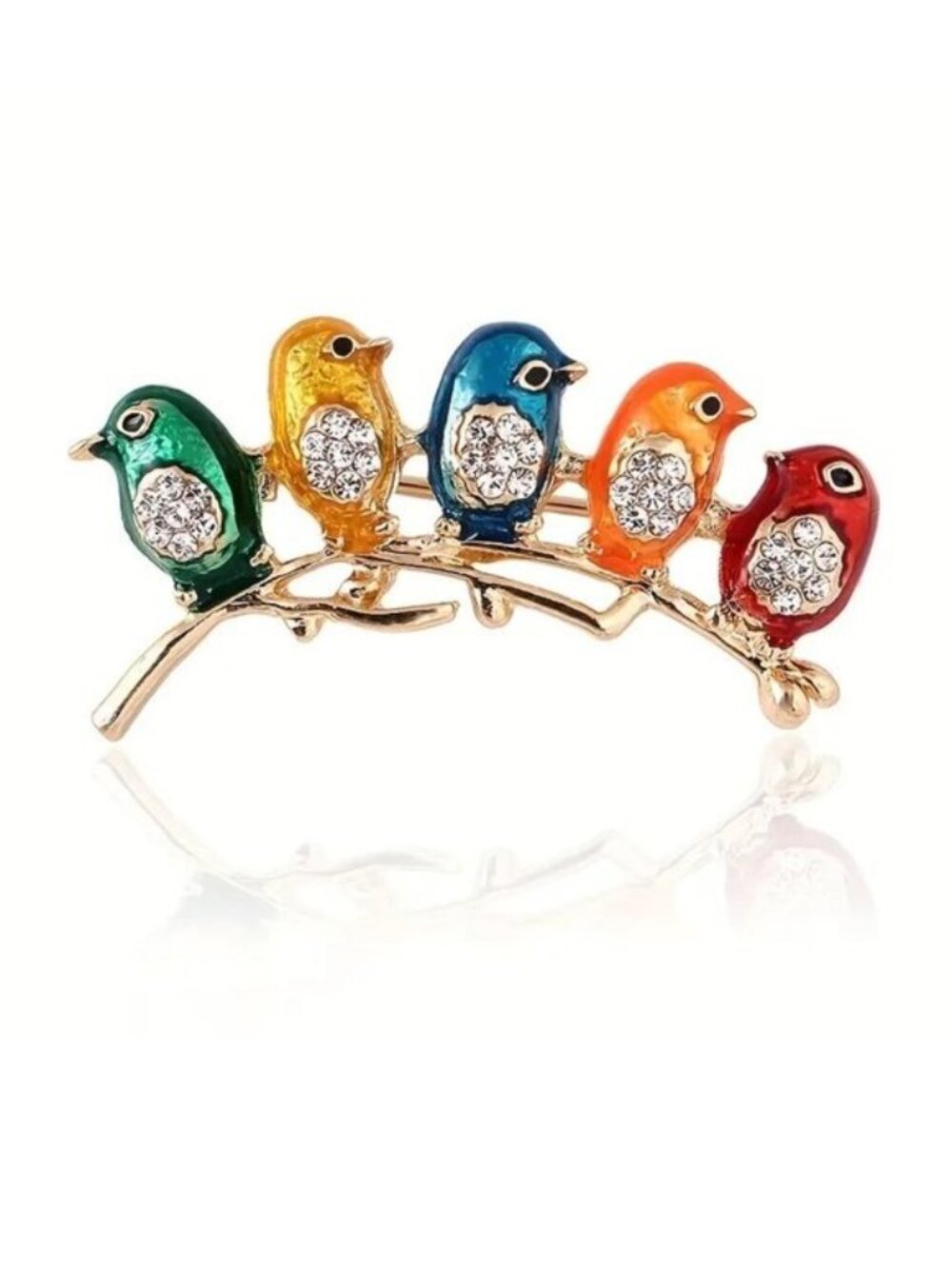 Brooch Birds on Branch Enamel Rhinestone Pin Stylish Cute Colorful Rainbow Glam